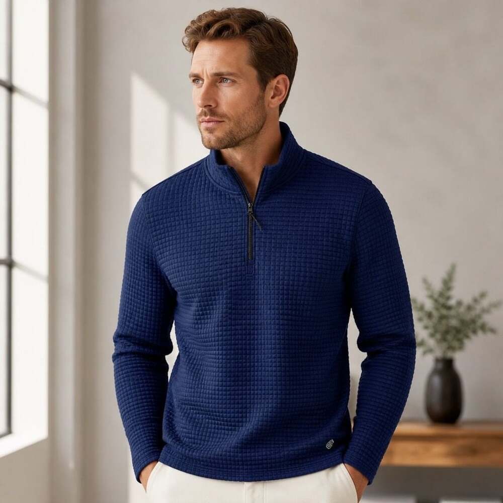 Solaris Mens Navy Blue Quarter Zip Waffle Knit Pullover Sweater Size L